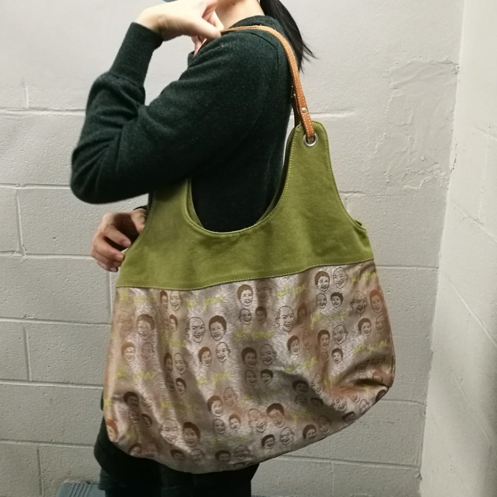 Olive Green Canvas & Patterned Shoulder Bag